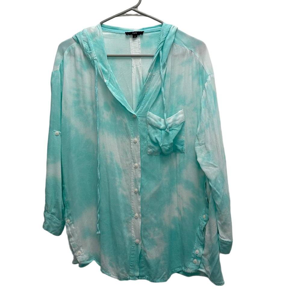 Fate Aqua Tie-Dye Hooded Button Up Top Size Medium Oversized - Picture 2 of 9